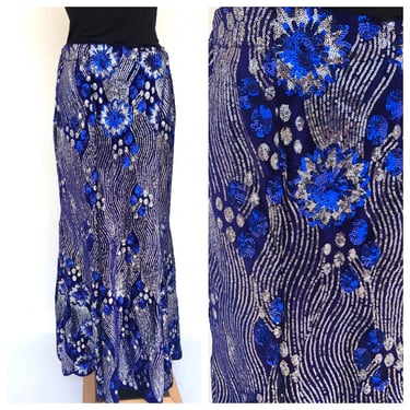 Vintage VTG 1990s 90s Blue Velvet Festival Starburst Sequin Fluted Scalloped Hem Maxi Skirt 