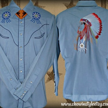 Kennington Vintage Western Men's Cowboy Shirt, Native American Indian Chief Embroidery, Tag Size Medium, Measures Small (see meas. photo) 