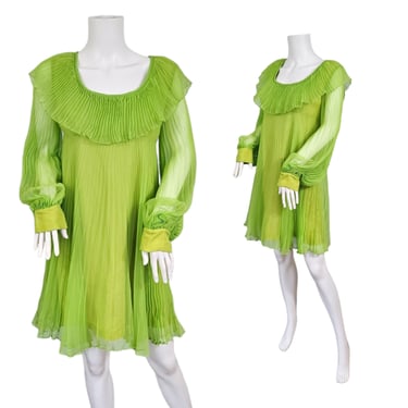 Iconic 1960's Lime Green Pleated Chiffon Baby Doll Dress I Young Edwardian by Arpeja I Sz Med 