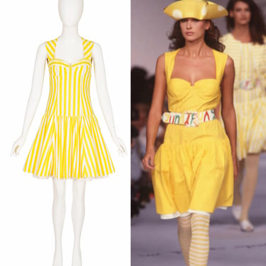 Enrico Coveri 1988 S/S Vintage Yellow Striped Cotton Drop Waist Bustier Dress Sz S 