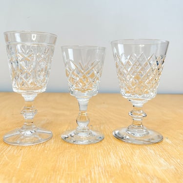 Set of 3 Mismatched Crystal Footed Tumblers, Petite Vintage Cut Glass Goblets, Absinthe Cordial Juice Wine Barware Stemware 