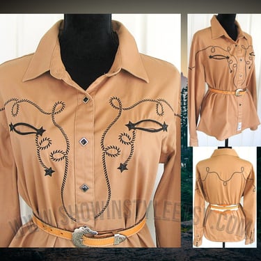 Vintage Retro Women's Cowgirl Western Shirt by Panhandle Slim, Cowgirl Blouse, Embroidered Ropes & Stars, Size XLarge (see meas. photo) 
