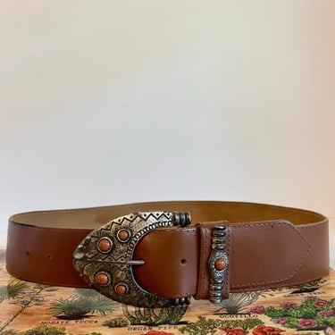 Vintage 90s Saffron Made in Italy Brown Genuine Leather Stone Buckle Belt M 