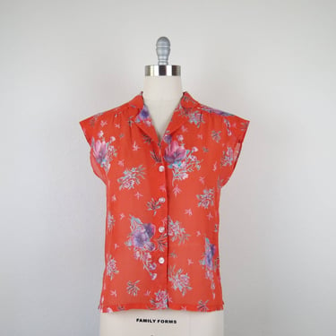 Vintage 1970s sheer floral blouse, sleeveless, summer, lightweight, medium 