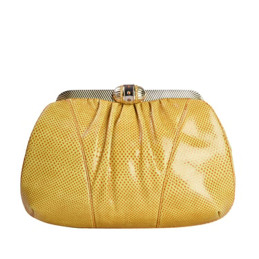 Judith Leiber Vintage Gathered Yellow Lizard Convertible Clutch Bag with Crossbody Chain Strap