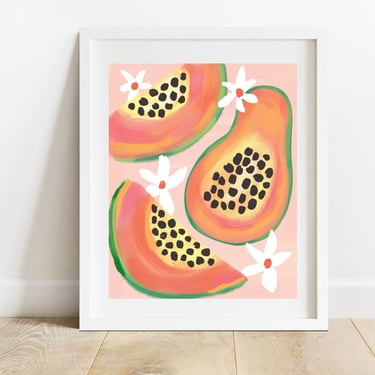 Papaya Slices 8 X 10 Art Print/ Tropical Fruit Wall Decor/ Kitchen Food Illustration/ Colorful Nursery Print 