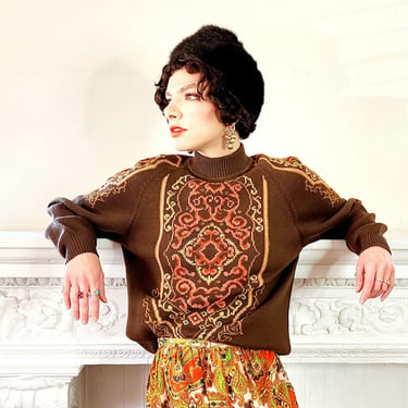 70s Wool Brown Sweater with Baroque Floral Print Cift Geyik Turkey 