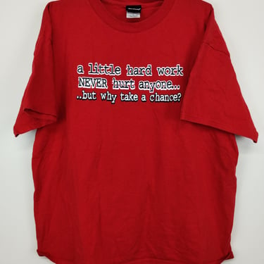 XL 90s Hybrid a little hard work T-Shirt XLarge Cotton Red 1990s 2000s Joke Grandpa Funny Saying Phrase Comedy Fun y2k 