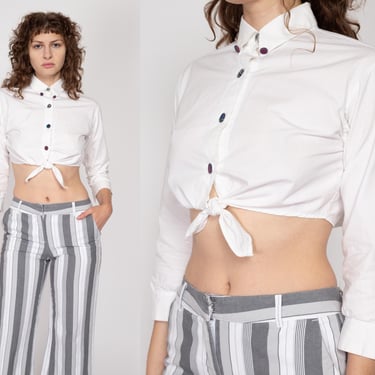 Petite Small 90s White Tie Front Crop Top | Vintage Collared Button Up Cropped Blouse 