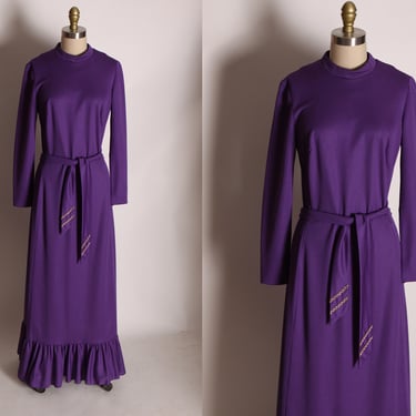 1970s Purple Long Sleeve Ruffle Hem Full Length Rhinestone Belted Dress by Edith Flagg -M 