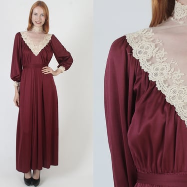 Burgundy Goth Victorian Lace Dress, Floral Embroidered Sheer Crochet, Historical Period Antique Wedding Gown 