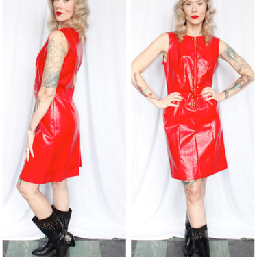 1960s Mod Red Vinyl Dress - Medium 
