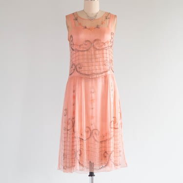 Ethereal 1920's Ballet Pink Silk Chiffon Beaded Flapper Dress / XS