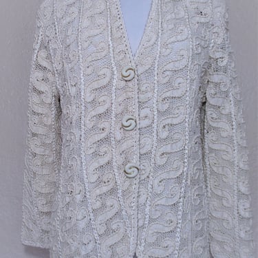 Mexican Jacket, Vintage 1980s, Crochet Jacket Blazer, Medium/Large Women, Beige Hand Crochet Embroidered 