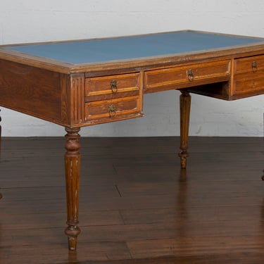 Antique French Louis XVI Style Provincial Oak Writing Desk W/ Blue Leather Top 