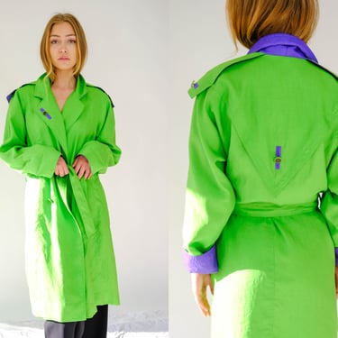 Vintage 80s GALLERY Fluorescent Green & Purple Colorblock Parachute Double Breasted Overcoat | 1980s Designer Streetwear Sleeping Bag Jacket 