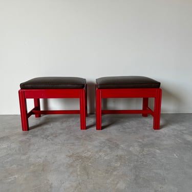 1970's Mid-century Red Lacquered Mahogany Wood  With Brown  Leather Seats  Ottomans - A Pair 