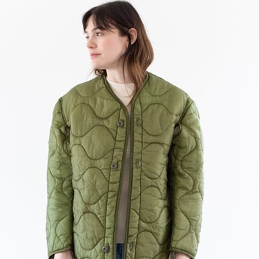 Vintage Green Liner Jacket | Unisex Wavy Quilted Nylon Coat | M L | LI274 