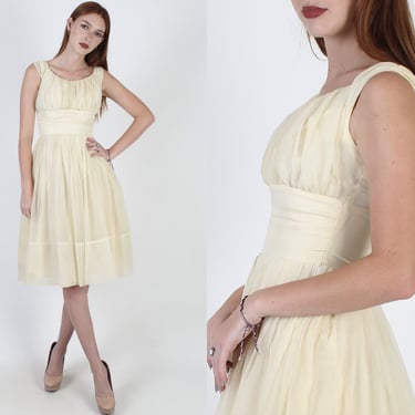 50s Ivory Party Gown Dress, Classic Chiffon Ruched Full Skirt, Vintage 1950s Cocktail Party Mini Dress 