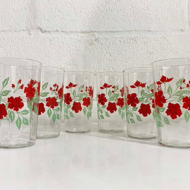 Vintage Red Floral Glasses Set of 6 Retro Juice Glass Barware Cocktail Mid-Century White Green 1950s 
