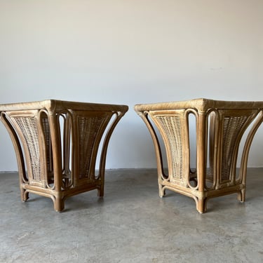 Pair of Vintage Organic Cerused Rattan Side Tables W/ Glass Top 