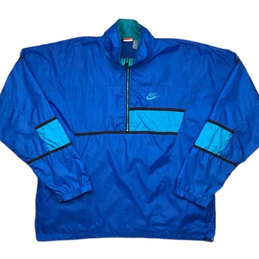 Vintage 80s/90s Nike Blue & Green Embroidered Swoosh Anorak Style Half Zip Pullover Windbreaker Jacket Size Large/XL 