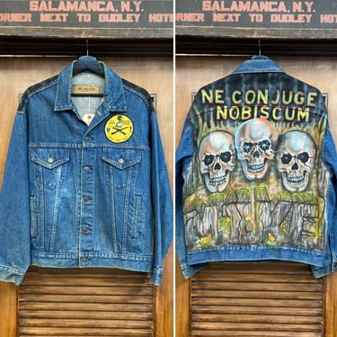 Vintage 1990’s Skull Artwork Military Design Denim Trucker Jacket, 90’s Military Denim Jacket, Vintage Airbrush Artwork, Vintage Clothing 