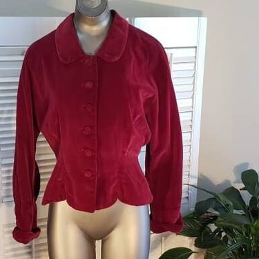 Vintage 40s Maroon Fitted Velvet Jacket/Blazer Scallop Bottom Dolman Sleeve   sz M 
