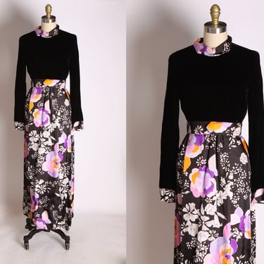 1960s Black Velvet and Purple White Pink and Orange Full Length Long Sleeve Mod Floral Flower Print Dress by Futura Couture -S 