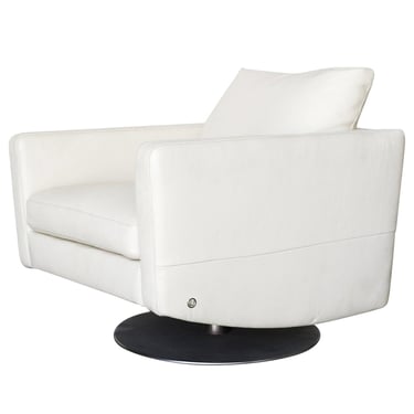 Modernist White Swivel Lounge Chair with Brush Steel Base 