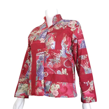 Vintage Quilted Jacket, Small, Red Floral Button Jacket, Asian Inspired Chinoiserie Kimono Jacket 