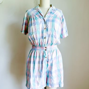 Vintage 1970s Madras Plaid Cotton Romper / M-L 