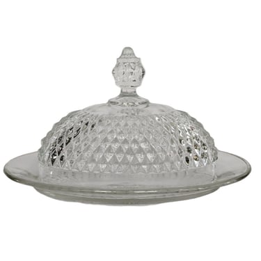 Vintage Domed Glass Butter Dish / Clear Diamond Point Oval Glass Butter Dish / Vintage Indiana Glass Cheese Dome 