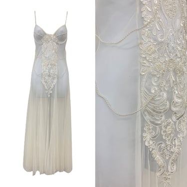 Vtg Vintage 1990s 90s Designer Sheer Ivory Applique Detailed Bridal Sexy Gown 