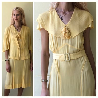 1930's Crepe Dress and Jacket Set / Lemon Meringue Caped Jacket / Dress with Pleating / Late Twenties Garden Party Dress / Art Deco Era 