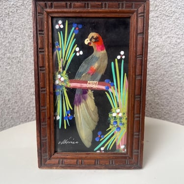 Vintage 1950s Mexican carved wood box with feather bird art 