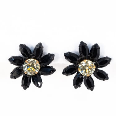 Miriam Haskell Black Rhinestone Flower Earrings