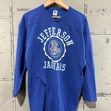 Vintage 80s Jefferson Jaguars Jersey Shirt Tshirt Russell athletic with Crest Football Blue 