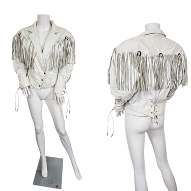 G III 1980s White Leather Fringe Motorcycle Jacket I Sz Med 