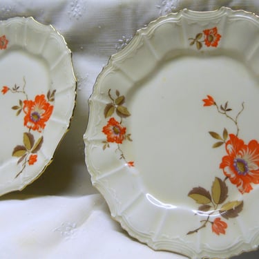 2 Antique Steinmann Rare Plates~Ivory, Orange & Brown Porcelain Dessert Serving Plate Set~  Vintage Germany China~ Old Scalloped Dishes 