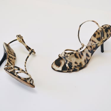 Vintage 00s Strappy Animal Print High Heels Size 7 37 By Roberto Cavalli Leopard Animal Print leather High heels Sandals 37 Roberto Cavalli 