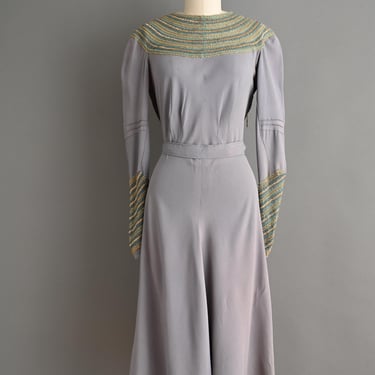 vintage 1930s Dress | Antique Dove Gray Rayon Glass Beaded Dress | Small 