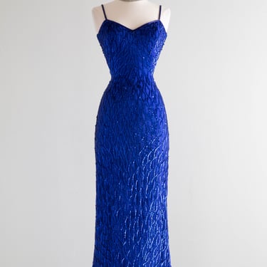 Fabulous Vintage Electric Blue Silk Sequined Glamour Gown / Small