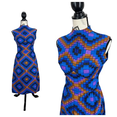 Vintage 70’s Bleeker Street Colorful Geometric Keyhole Dress Size S/M