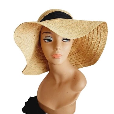 Vintage 90s Straw Summer Hat Badgley Mischka Floppy w/Black Scarf 