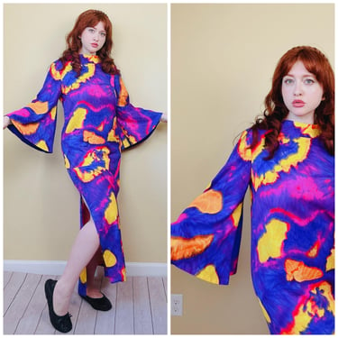 1970s Vintage Alice of Polynesia Acid Purple / Blue Bell Sleeve Dress / 70s /Seventies Trumpet Tie Dye Acrylic Maxi / Large 