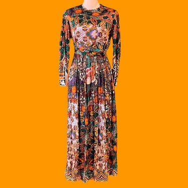 botanical maxi dress Miss Elliette 1970s autumnal hippie boho floral gown small 