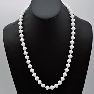 Long 50's milk glass bead necklace, matinee length twisted rhombus & small discs necklace 