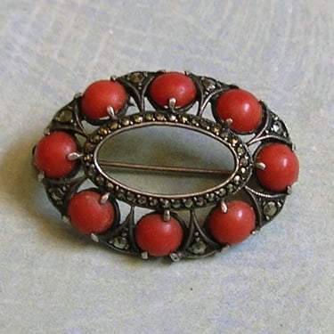 Antique Victorian Silver and Coral Flower Brooch Pin, Old Silver and Coral Pin, Old Coral Pin (#4459) 