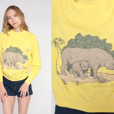 Rhino Sweatshirt 80s Yellow Glitter Sweatshirt Retro Wildlife Animal Graphic Mama Baby Safari Rhinoceros Raglan Sleeve Vintage 1980s Medium 